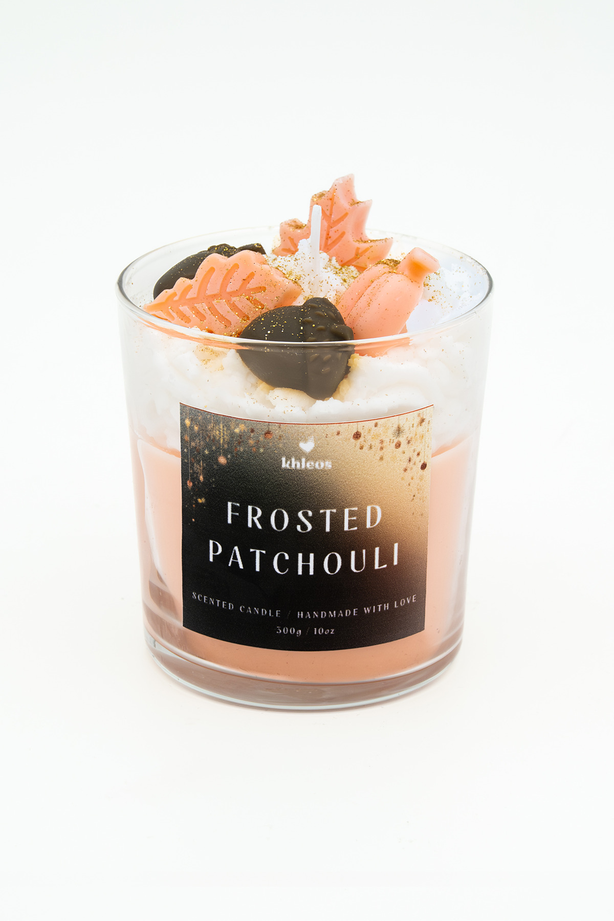 Frosted Patchouli Paçuli ve Amber Kokulu Mum 300g, 9x7cm, Turuncu, Beyaz