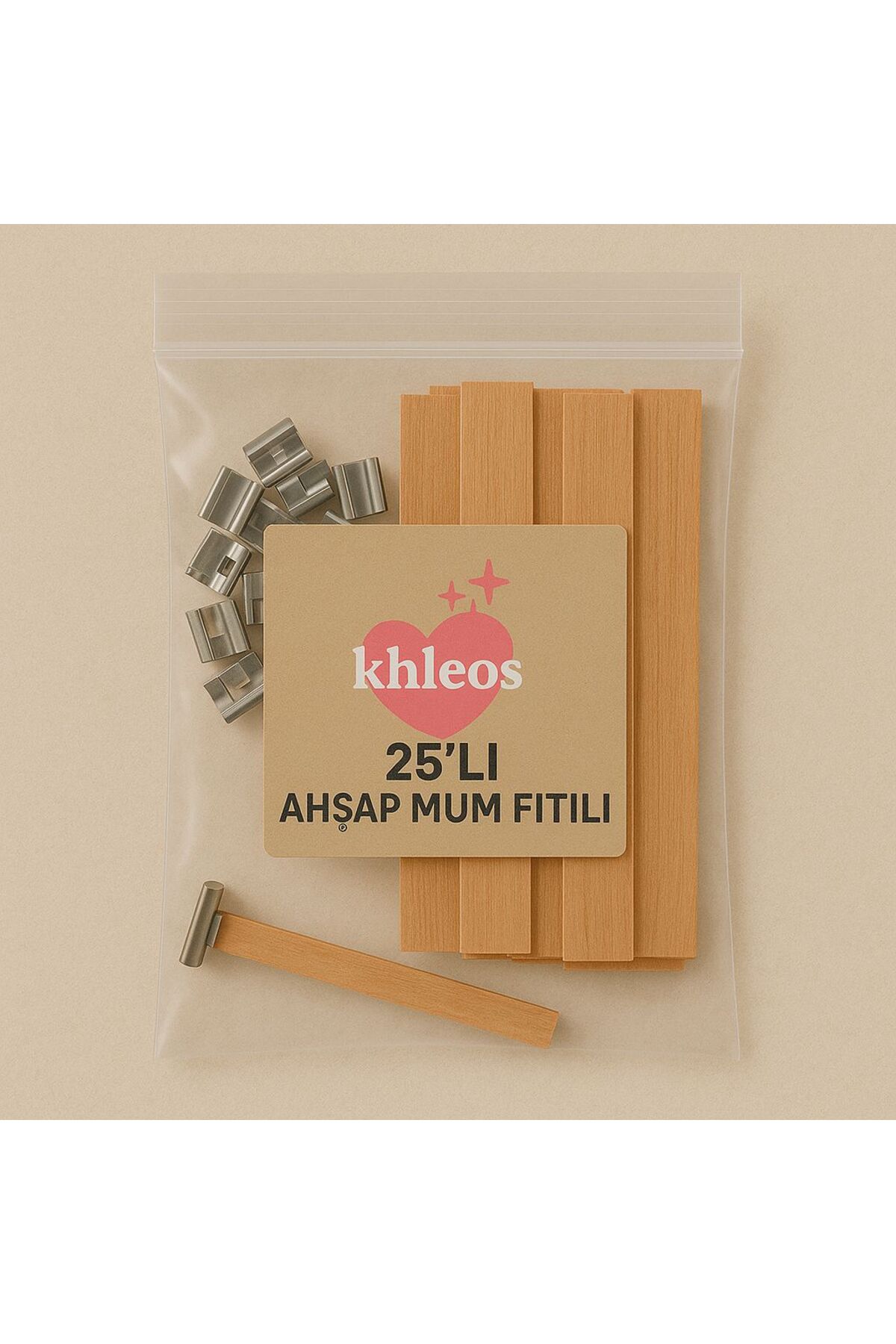 25’li Ahşap Mum Fitili Seti Çift Katlı, Metal Klipsli