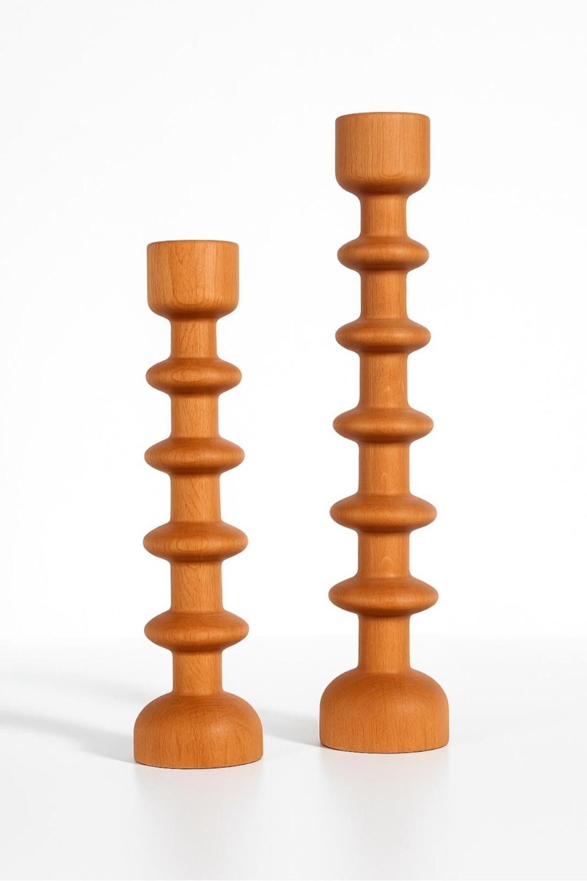 Natural Wood Şamdan 18 cm & 14 cm Kahverengi